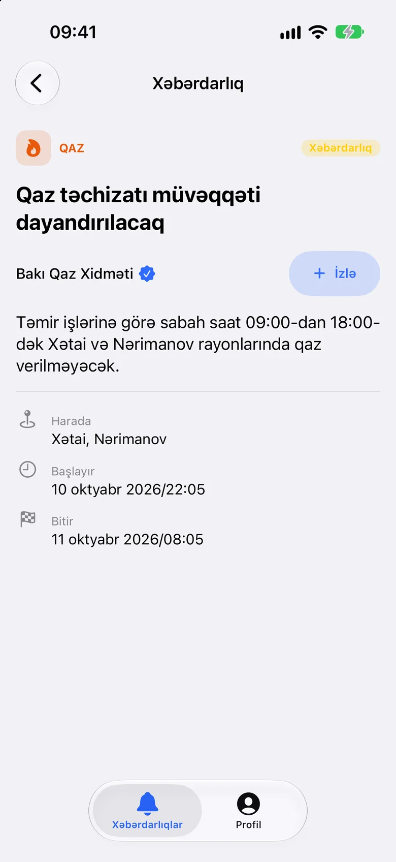 Qaz təchizatı xəbərdarlığının təfərrüatı